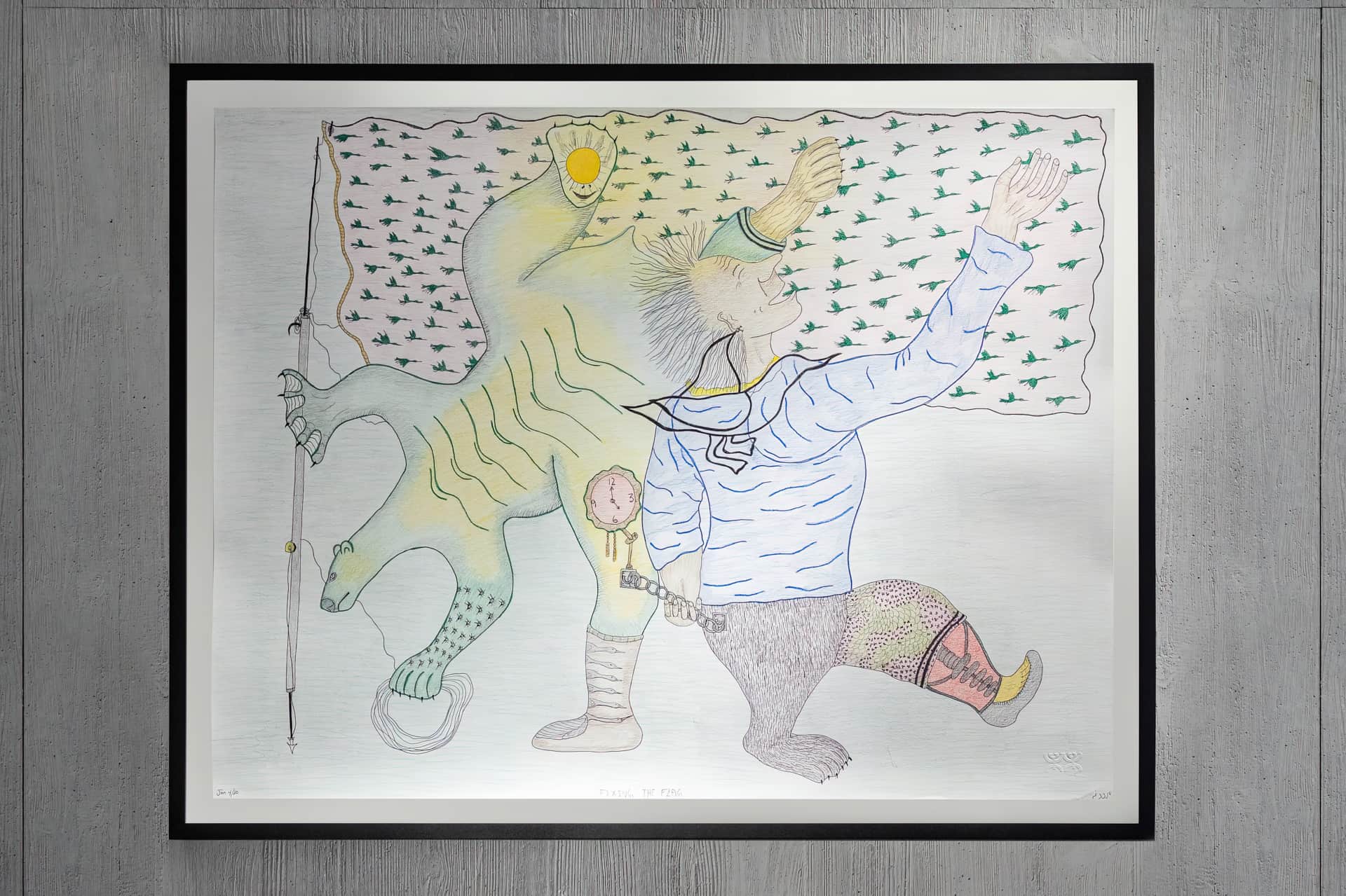 Cee Pootoogook, Fixin the Flag, 2021, installed at Canada Goose, International Plaza, Wuhan, China